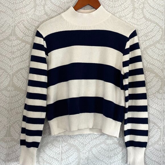 J. Crew Cotton Navy Blue/Ivory Rugby Stripe Mock Neck Long Sleeve Sweater, M - Picture 1 of 12